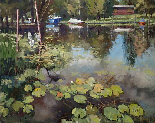 Frank SUPLIE - Painting - Zehdenick/Havel, Seerosen, Gänse klein
