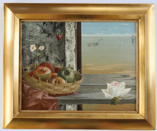 Rastislaw RACOFF - Gemälde - Basket of apples with rose and hanging strawberry