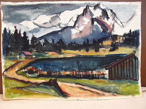 Walter KOHLHOFF - Zeichnung Aquarell - Berghütte in den Alpen