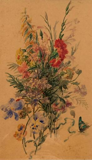 Domenico TRACHEL - Zeichnung Aquarell - fleurs et papillon