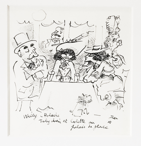 Jean COCTEAU - Zeichnung Aquarell - Willy, Polaire, Toby Chien et Colette au Palace de Glace