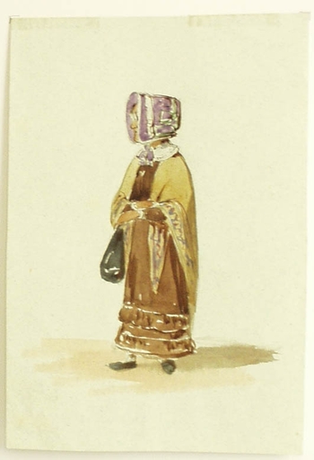 Hermann GIESEL - Disegno Acquarello - "Old Woman Walking", Watercolor, late 19th Century