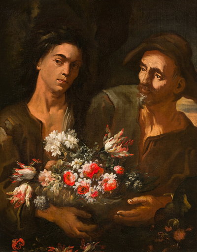 Antonio MEZZADRI - 绘画 - Coppia di giardinieri che sorreggono un mazzo di fiori