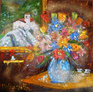Valerio BETTA - Pittura - Chiesetta di rocca e fiori