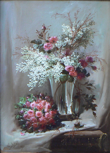 Eugène BIDAU - Pittura - Bouquet de roses sur un entablement