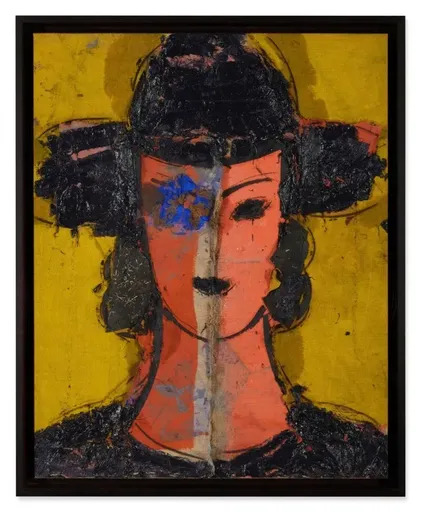 Manolo VALDÉS - Painting - Rostro Bicolor Rosa Sobre Amarillo