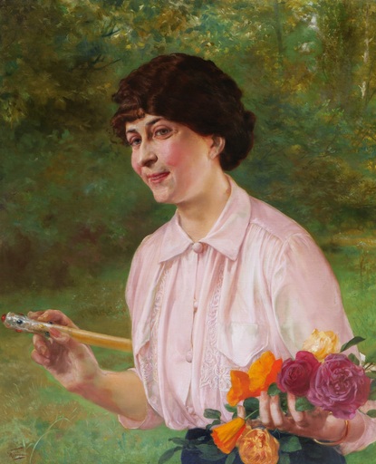 Georges RÉCIPON - Pittura - Portrait de femme au jardin