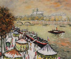 Charles MALLE - Painting - Notre Dame, boulevard de Seine, péniche rouge