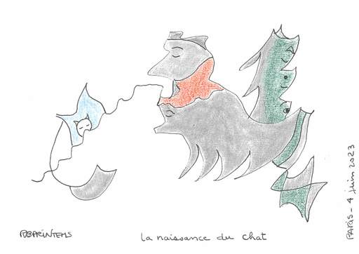 Reine BUD-PRINTEMS - Zeichnung Aquarell - "La naissance du chat"