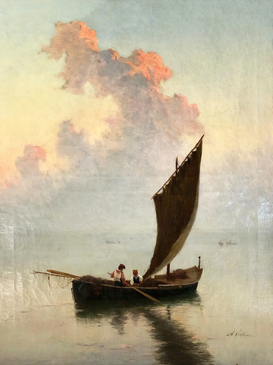 Achille VERTUNNI - Gemälde - Marina con Pescatori