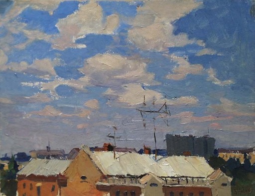 Vladimir NOVAK - Gemälde - "Roofs", Oil Painting, 1960's 