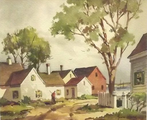 John Cuthbert HARE - Dibujo Acuarela - New England Village