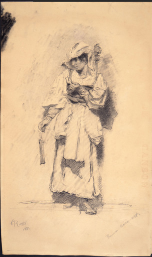 Arturo RIETTI - Dibujo Acuarela - STANDING PEASANT WOMAN WITH A HAND SPINDLE