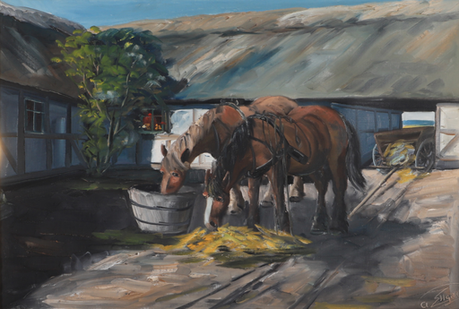 Frederik ELLGAARD - Gemälde - c. 1950s Horses at the Water Post  