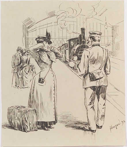 Johannes LEONHARD - Zeichnung Aquarell - "At the Railway Station", Drawing, 1892