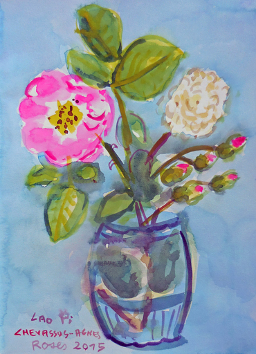 Jean-Pierre CHEVASSUS-AGNES - Drawing-Watercolor - rose rouge et rose blanche sur fond bleu