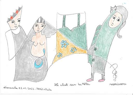 Reine BUD-PRINTEMS - Zeichnung Aquarell - "Le chat sur la tête"