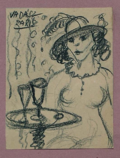 Miklos VADASZ - Dibujo Acuarela - "In Parisian Cafe" by Miklos Vadasz, ca 1920 