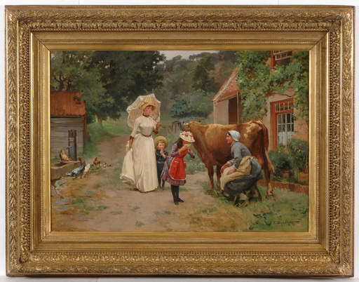 Émile Charles DAMERON - Pintura - "Visit to a farm", oil on canvas, 1870/800s