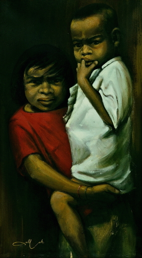 DULLAH - Painting - Menggendong Adik (Holding a Little Brother), by Dullah