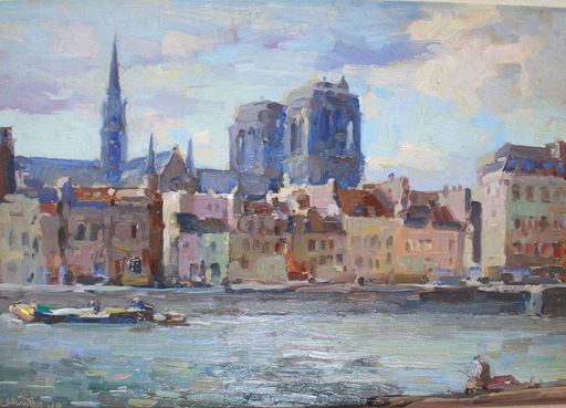 Hendrik VAN LEEUWEN - Pintura - Stadsgezicht Paris met Notre Dame en Seine