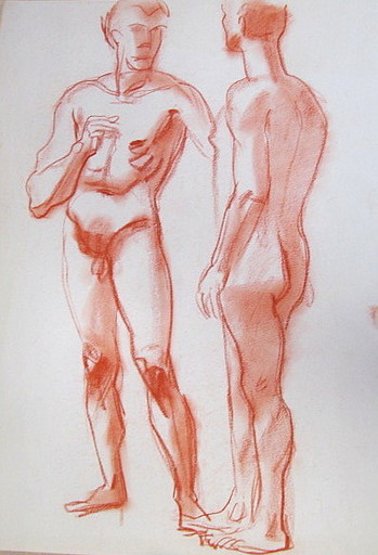 Paul MECHLEN - Drawing-Watercolor - Männlicher Doppelakt - stehend. 