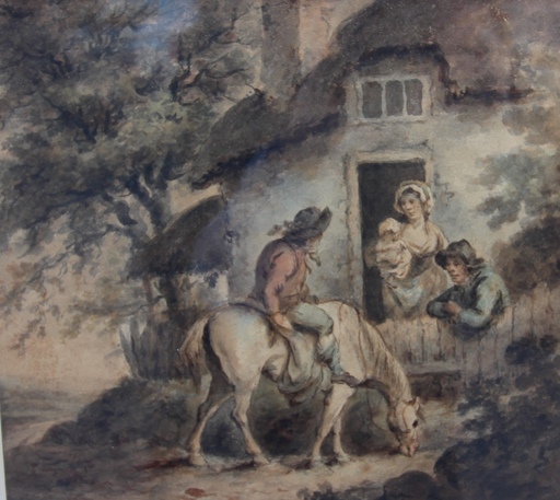 George MORLAND - Disegno Acquarello - A Conversation by the Cottage Gate
