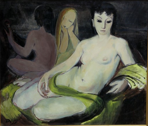 Paule DANJOU - Painting - "TROIS FEMMES NUES SUR LA PLAGE AU CREPUSCULE"
