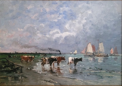 Jules HEREAU - Painting - Départ des voiliers sur l'estuaire de la Seine