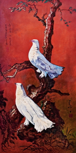 李曼峰 - 绘画 - Two Doves in the Twilight, by Lee Man Fong