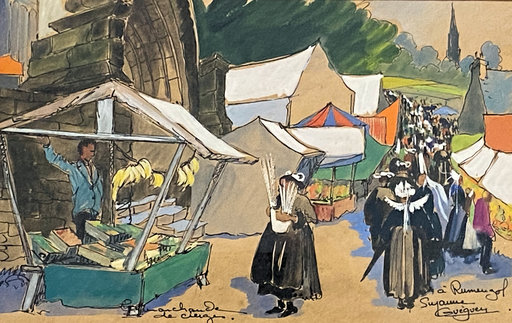 Suzanne GUÉGUEN - Drawing-Watercolor - La marchande de Cierges à Rumengol