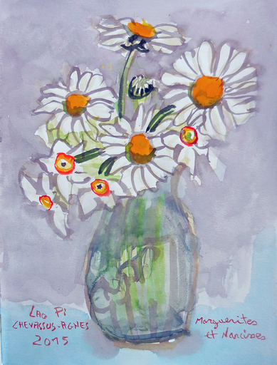 Jean-Pierre CHEVASSUS-AGNES - Drawing-Watercolor - bouquet de marguerites et narcisses