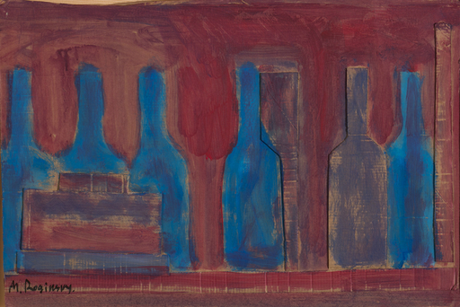Mikhail ROGINSKY - Peinture - Blue bottles and books on red background
