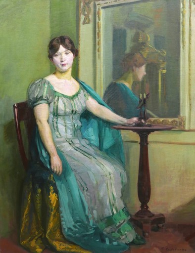 Claudio CASTELUCHO DIANA - Painting - Jeune femme aux yeux verts assise dans un intérieur Empire