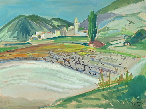 Roger WORMS - Drawing-Watercolor - Paysage de la Drôme à Novezan Venterol