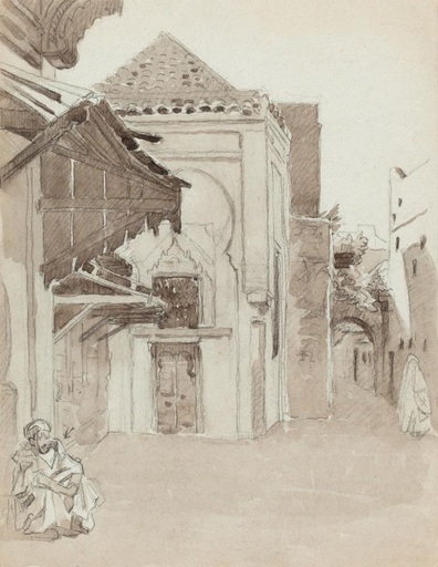 B. CONDE DE SATRINO - Drawing-Watercolor - Morocco – View of a Moroccan street (recto)