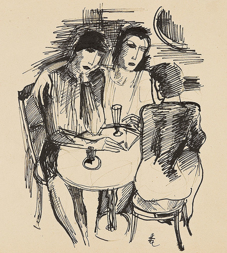 Karl HAUK - Disegno Acquarello - Im Cafe, 1927