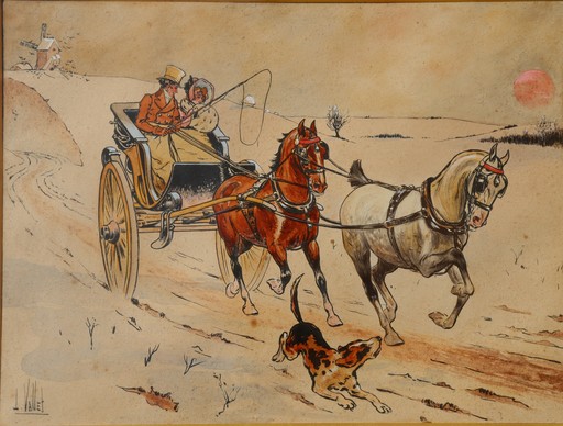 Louis VALLET - Drawing-Watercolor - "PROMENADE EN CALECHE"
