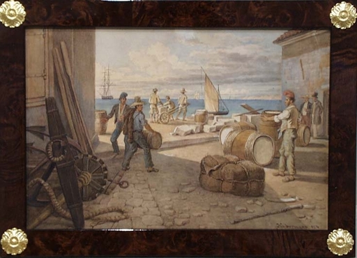 Franz VON HABERMANN - Drawing-Watercolor - "Unloading in Italian Harbour" by Franz von Habermann 