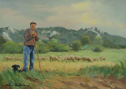 André LAC - Painting - Le berger et son troupeau