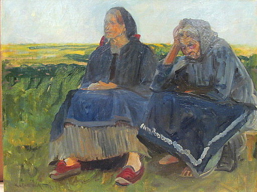 Leopold VON KALCKREUTH - 绘画 - 2 sitzende alte Frauen am Feld