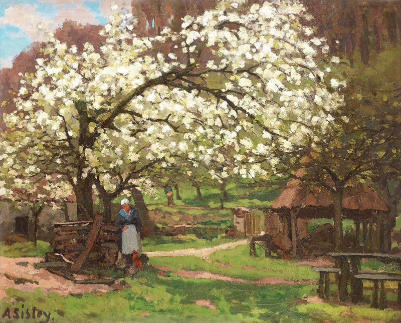 Alfred SISLEY - Painting - Printemps, paysanne sous les arbres en fleurs