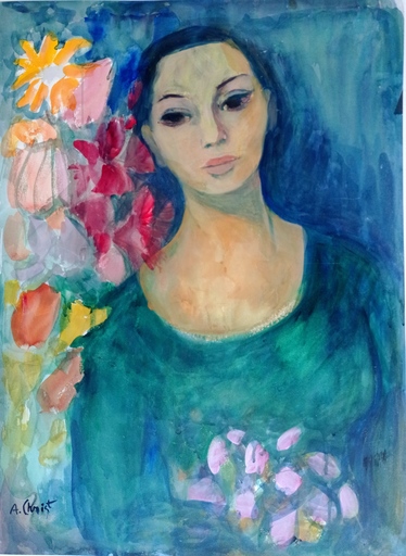 Martin Alfred CHRIST - Dessin-Aquarelle - Portrait de jeune femme aux fleurs.