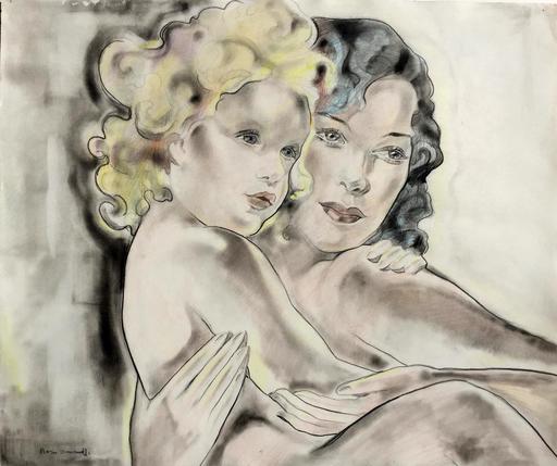 Boris SMIRNOFF - Dibujo Acuarela - Mère et enfant