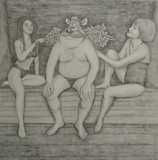 Slava PTRK - Dessin-Aquarelle - In a Sauna With Girls