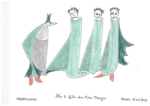 Reine BUD-PRINTEMS - Drawing-Watercolor - "Les 3 fils des Rois Mages"