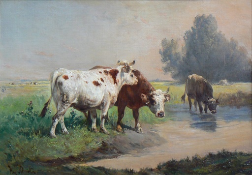 Henry SCHOUTEN - Gemälde - Vaches s'abreuvant