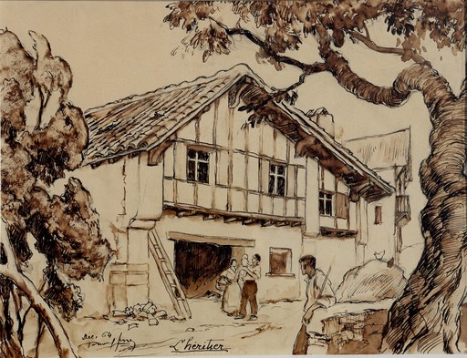 Raoul SERRES - Drawing-Watercolor - "L'HERITIER"