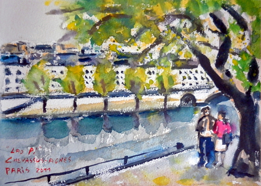Jean-Pierre CHEVASSUS-AGNES - Zeichnung Aquarell - Les quais près de Notre Dame de PARIS