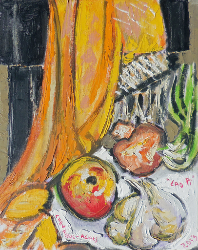 Jean-Pierre CHEVASSUS-AGNES - Peinture - pommes, ail, oignon sur soie de Chine